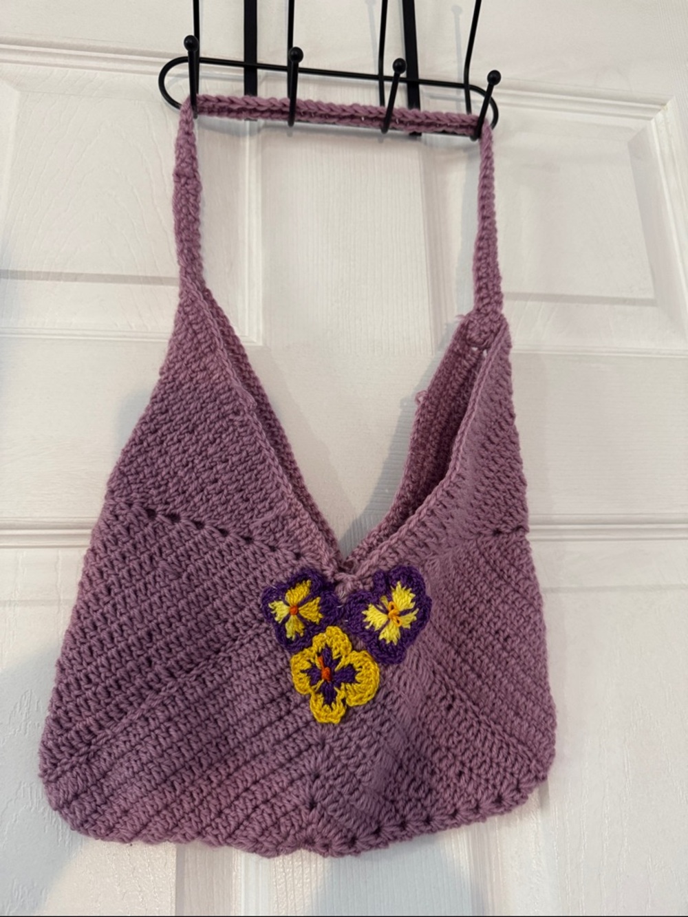(Like new) Handmade Crocheted Shoulder Bag with Floral Appliqué - Lavender